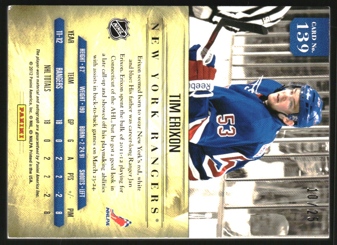 2011-12 Panini Prime Rookies Hologold Patch Autographs #139 Tim Erixon