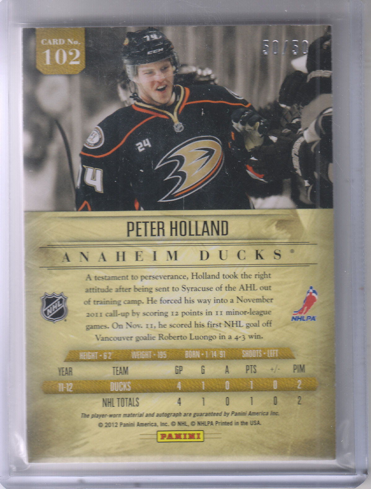 2011-12 Panini Prime Rookies Holosilver Patch Autographs #102 Peter Holland back image