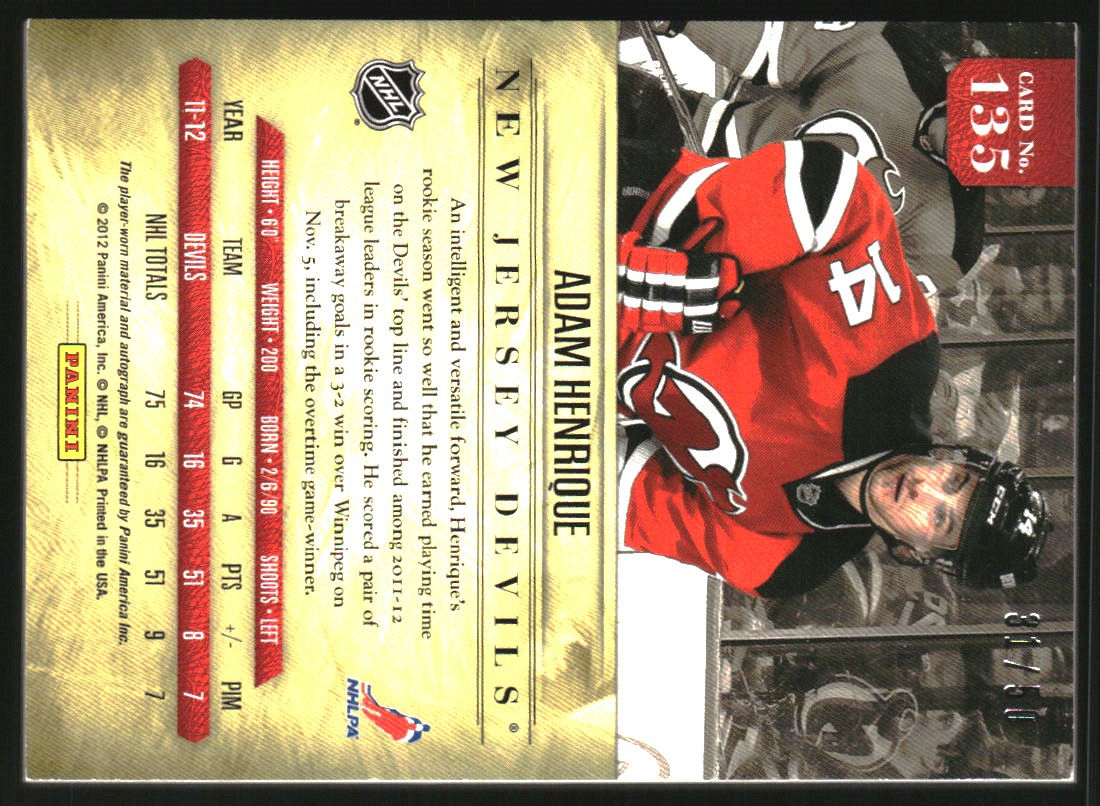 2011-12 Panini Prime Rookies Holosilver Patch Autographs #135 Adam Henrique