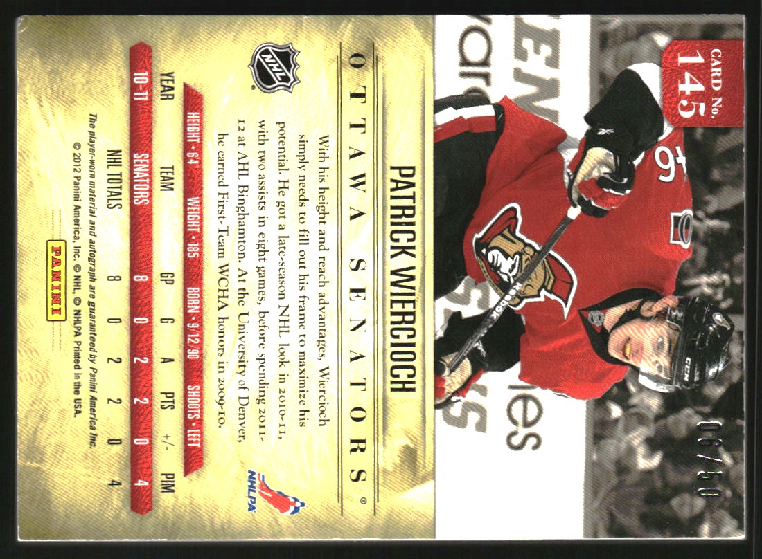 2011-12 Panini Prime Rookies Holosilver Patch Autographs #145 Patrick Wiercioch