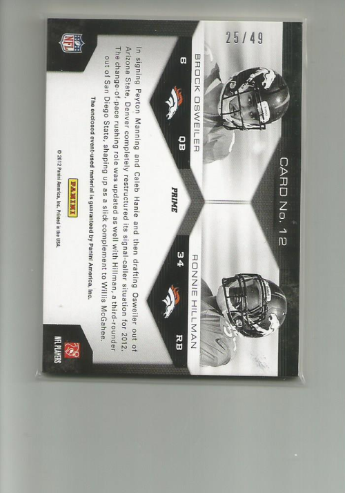 2012 Momentum Head of the Class Materials Combo Prime #12 Brock Osweiler/Ronnie Hillman back image