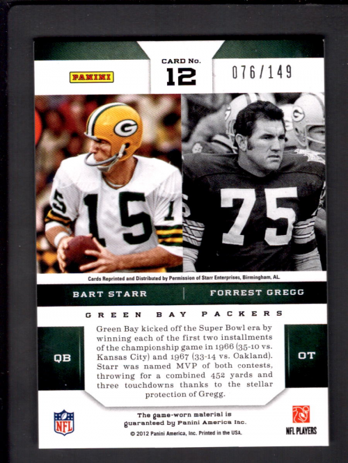 2012 Momentum Double Feature Materials #12 Bart Starr/149/Forrest Gregg back image