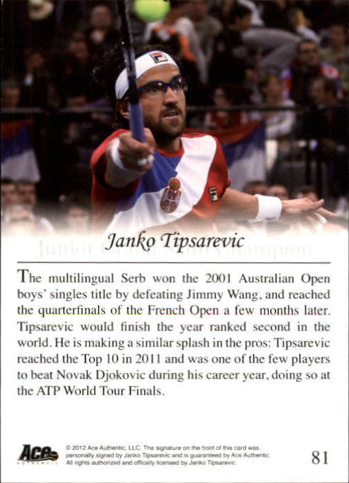2012 Ace Authentic Grand Slam 3 Autographs Red #81 Janko Tipsarevic JGSC back image