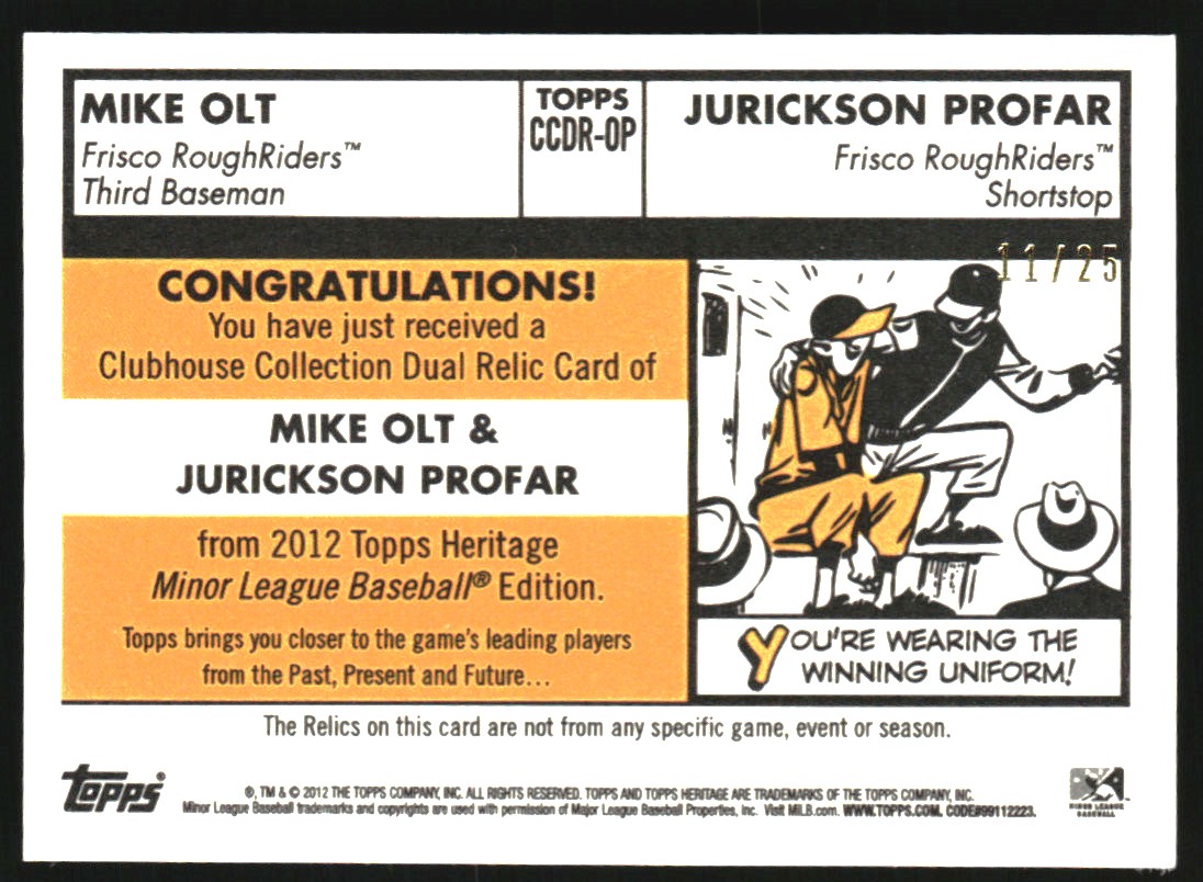 2012 Topps Heritage Minors Clubhouse Collection Dual Relics #OP Mike Olt/Jurickson Profar