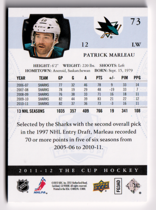 2011-12 The Cup #73 Patrick Marleau back image