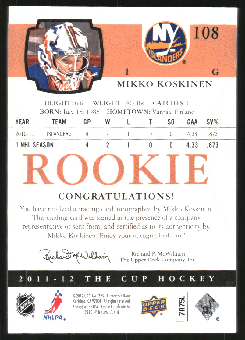 2011-12 The Cup #108 Mikko Koskinen AU RC back image