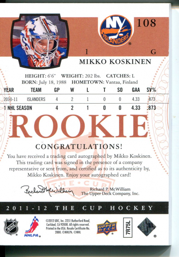 2011-12 The Cup #108 Mikko Koskinen AU RC back image