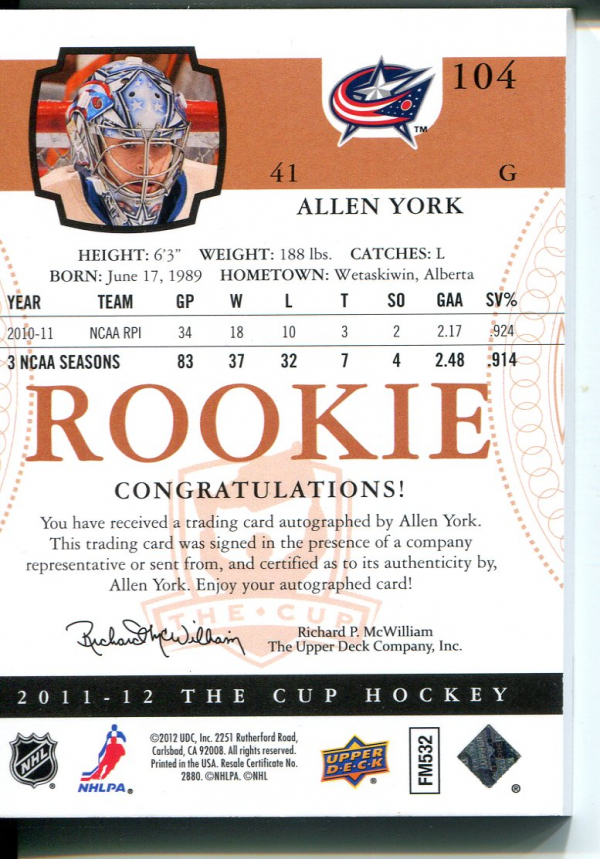 2011-12 The Cup Gold Rainbow #104 Allen York AU/41 back image
