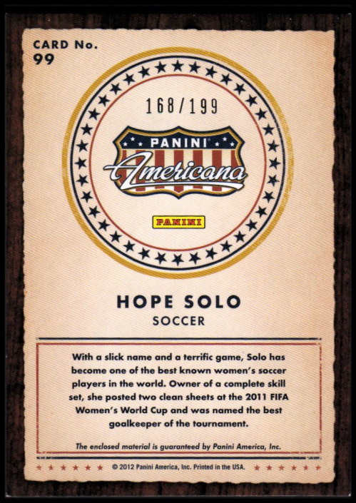 2012 Americana Heroes and Legends Materials #99 Hope Solo/225 back image