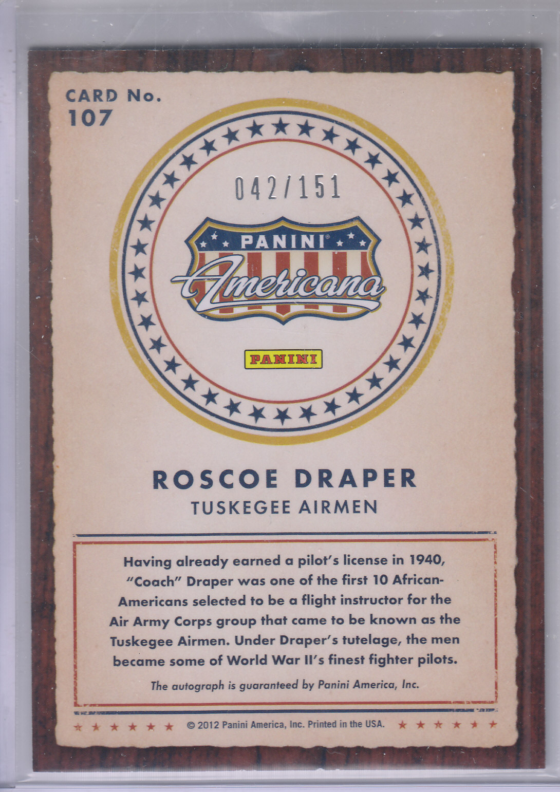 2012 Americana Heroes and Legends Autographs #107 Roscoe Draper/151 back image