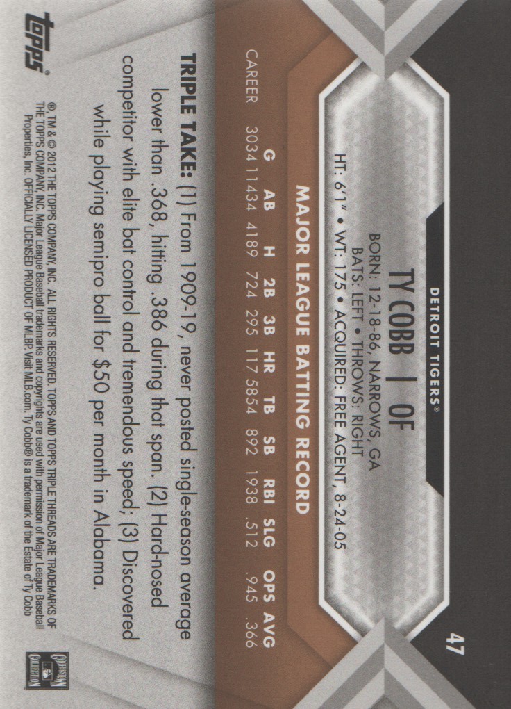 2012 Topps Triple Threads Sepia #47 Ty Cobb back image