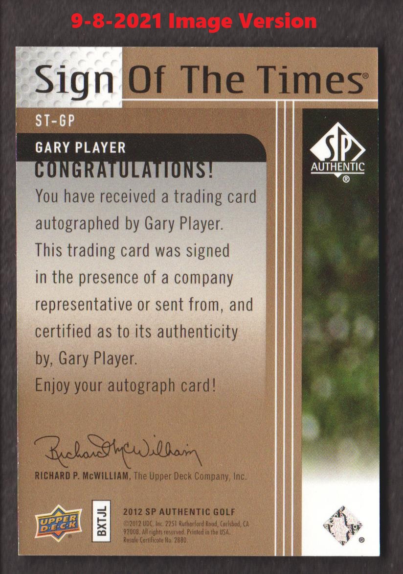 2012 SP Authentic Sign of the Times #STGP Gary Player B back image