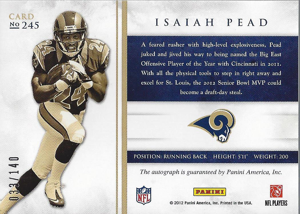 2012 Panini Prominence Rookie Letter Autographs #245 Isaiah Pead/140 back image