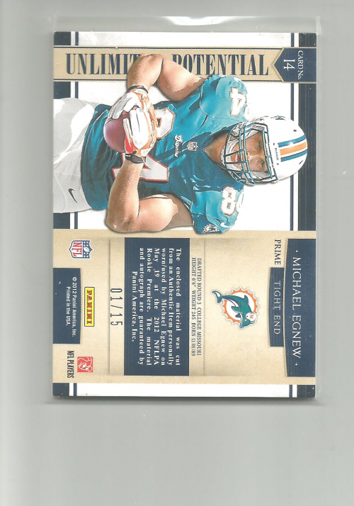 2012 Panini Prominence Unlimited Potential Materials Signatures Prime #14 Michael Egnew back image
