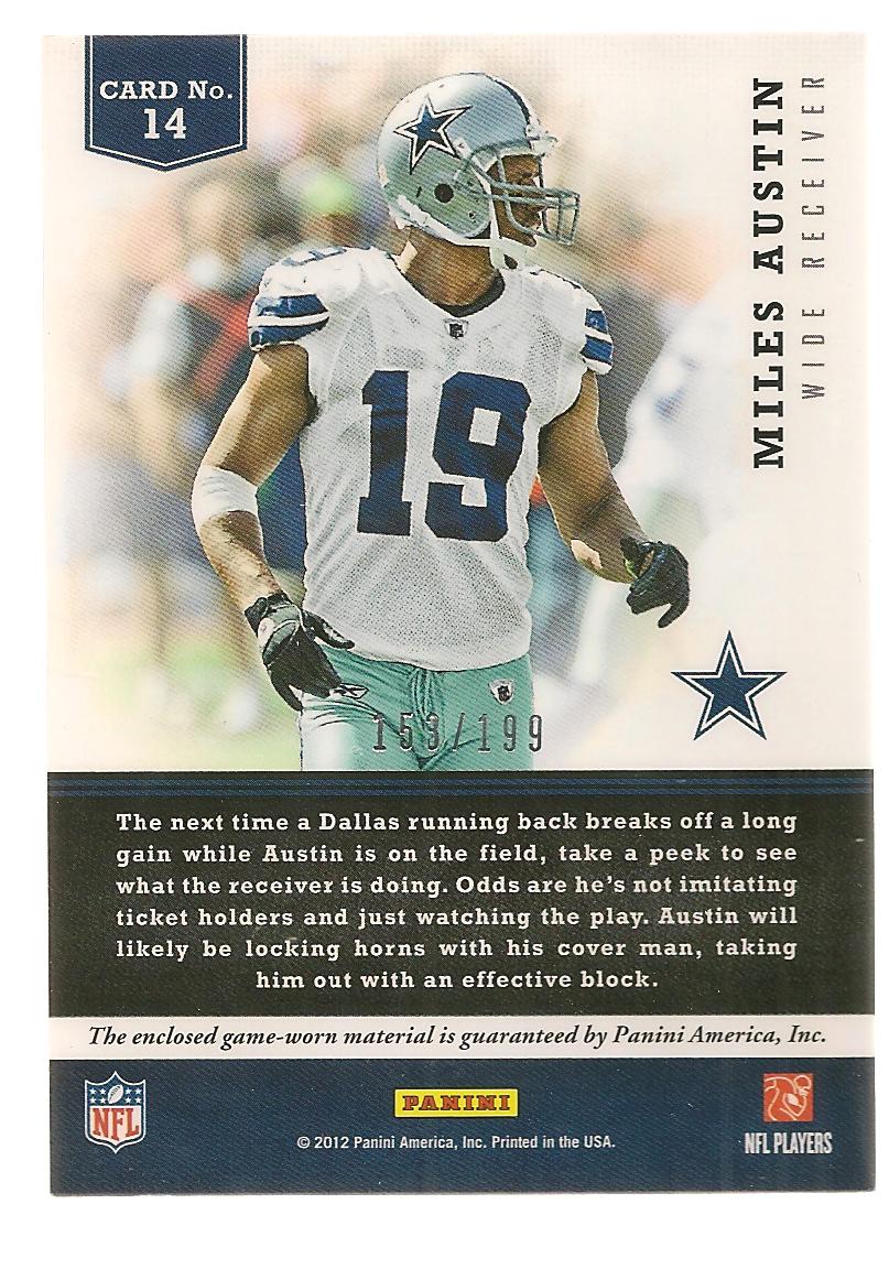 2012 Panini Prominence Black and Blue Materials #14 Miles Austin/199 back image