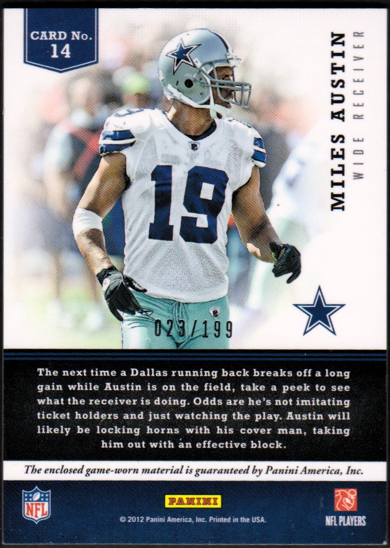 2012 Panini Prominence Black and Blue Materials #14 Miles Austin/199 back image