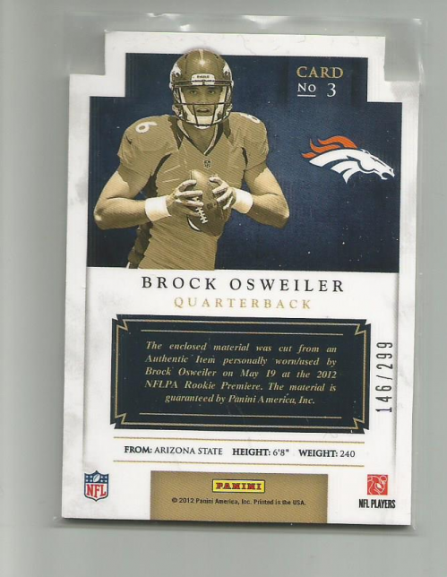 2012 Panini Prominence Rookie Projection Materials #3 Brock Osweiler back image