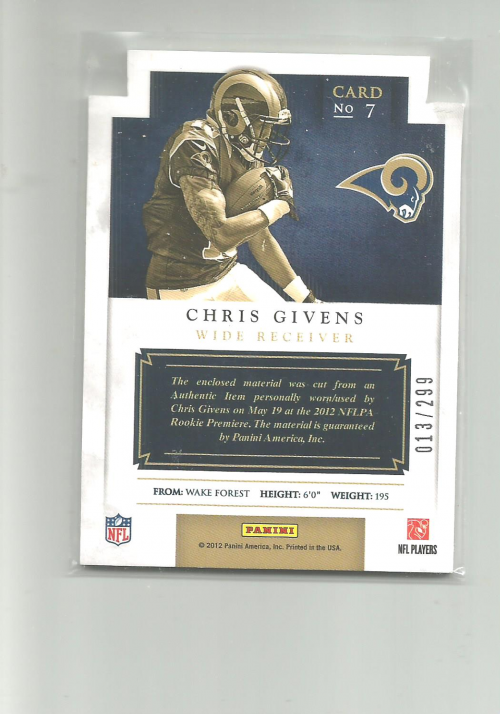 2012 Panini Prominence Rookie Projection Materials #7 Chris Givens back image