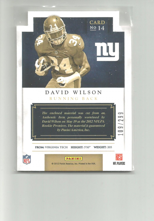 2012 Panini Prominence Rookie Projection Materials #14 David Wilson back image