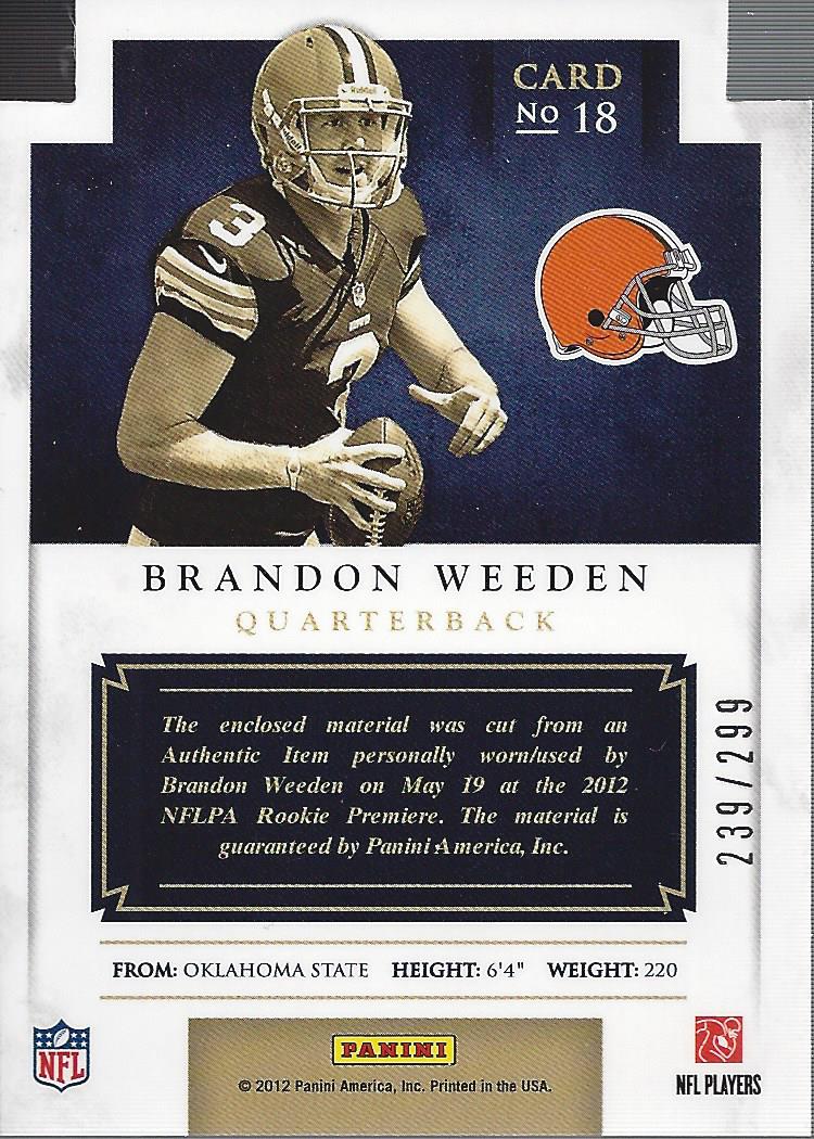 2012 Panini Prominence Rookie Projection Materials #18 Brandon Weeden back image