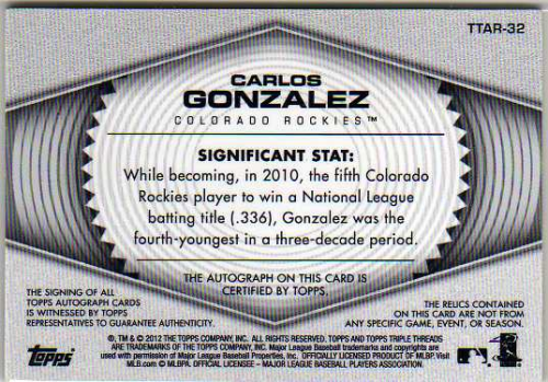 2012 Topps Triple Threads Relic Autographs #TTAR32 Carlos Gonzalez EXCH back image