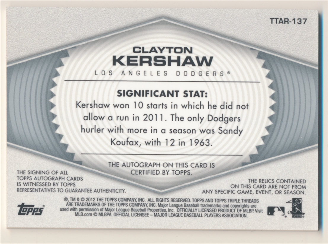 2012 Topps Triple Threads Relic Autographs #TTAR137 Clayton Kershaw back image