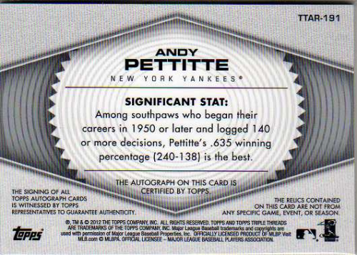 2012 Topps Triple Threads Relic Autographs #TTAR191 Andy Pettitte back image