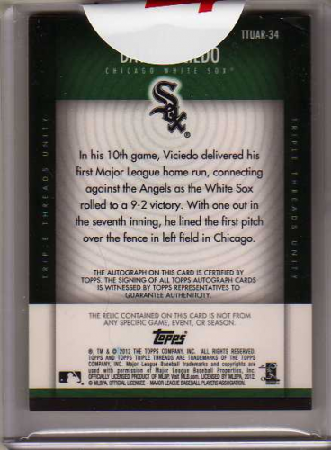 2012 Topps Triple Threads Unity Relic Autographs Emerald #UAR34 Dayan Viciedo EXCH back image