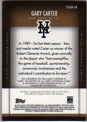 2012 Topps Triple Threads Unity Relic Autographs Gold #UAR48 Gary Carter back image