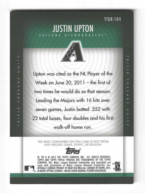 2012 Topps Triple Threads Unity Relics Emerald #UR104 Justin Upton back image