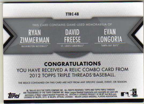 2012 Topps Triple Threads Relic Combos #RC26 Ryan Zimmerman/Evan Longoria/David Wright back image
