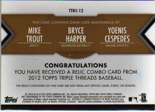 2012 Topps Triple Threads Relic Combos Gold #RC12 Mike Trout/Bryce Harper/Yoenis Cespedes back image
