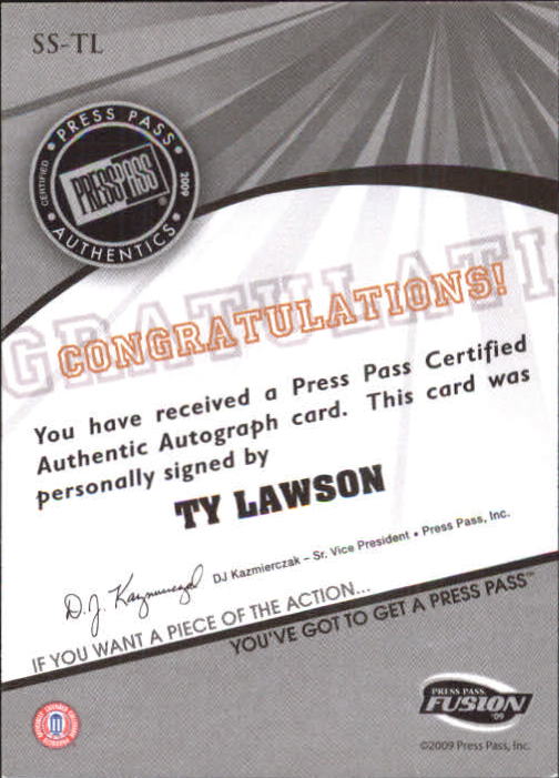 2009 Press Pass Fusion Autographs Gold #SSTL Ty Lawson Exchange back image