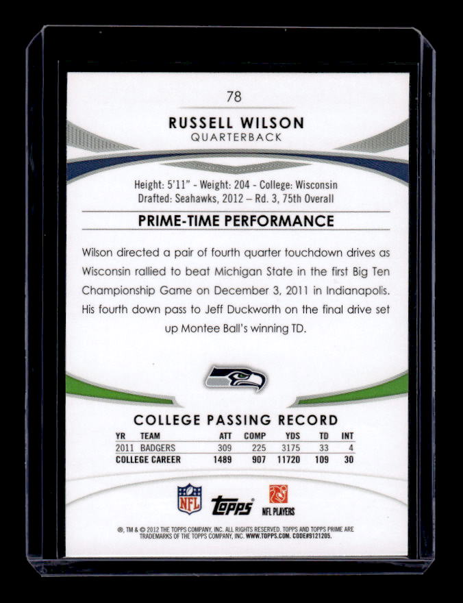 2012 Topps Prime #78 Russell Wilson RC back image