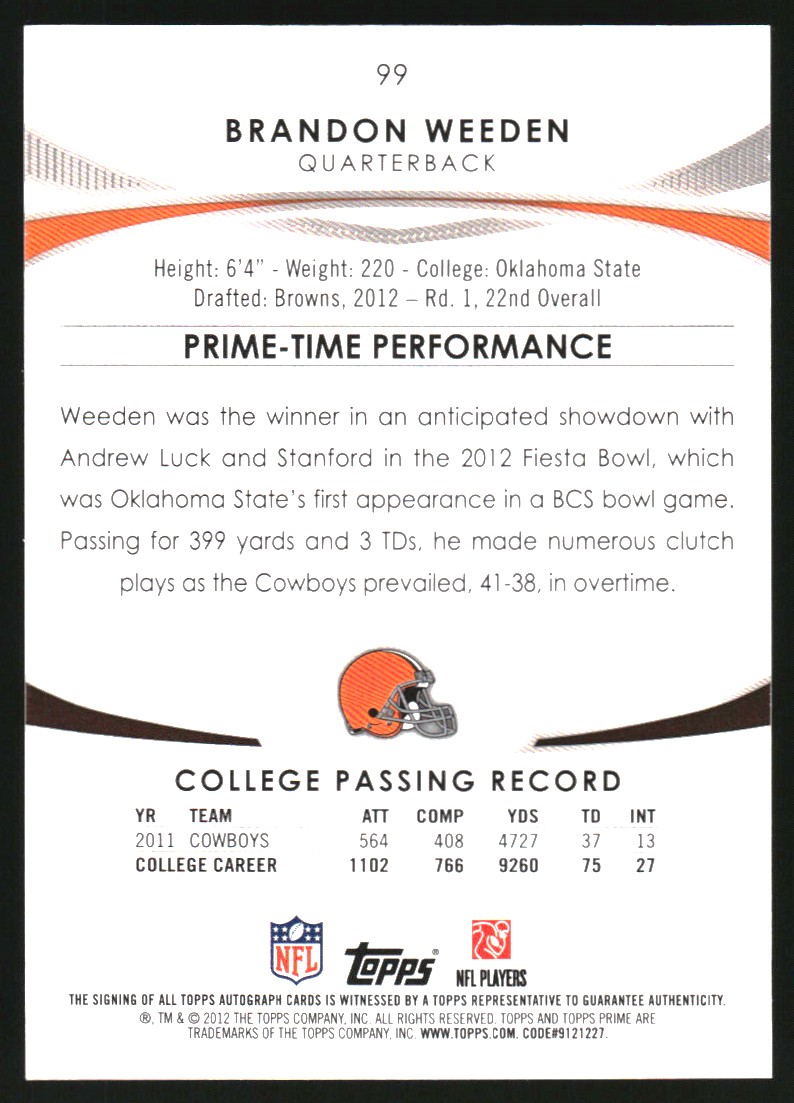 2012 Topps Prime Rookie Autographs Silver Rainbow #99 Brandon Weeden