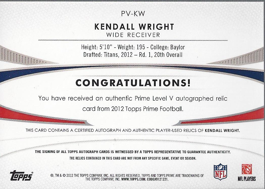 2012 Topps Prime Autographed Relics Level 5 #PVKW Kendall Wright/250 EXCH back image