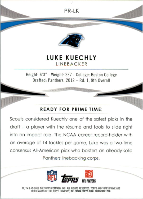 2012 Topps Prime Primed Rookies #PRLK Luke Kuechly back image