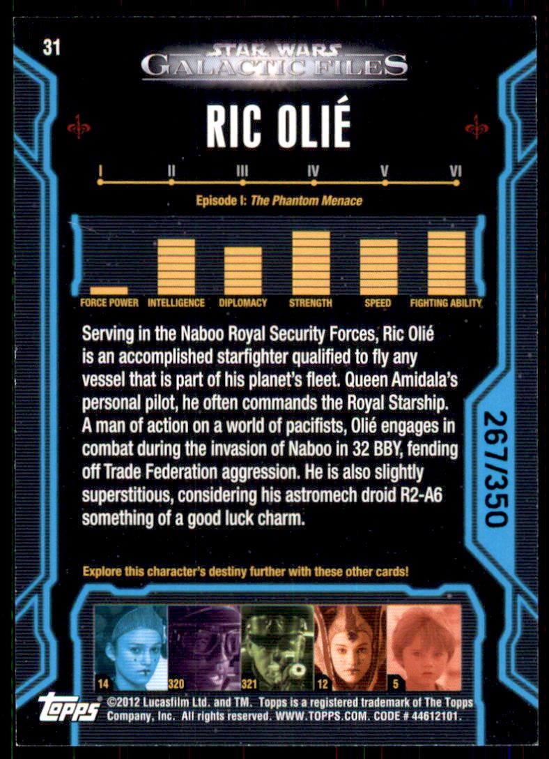 2012 Topps Star Wars Galactic Files Blue Foil #31 Ric Olie back image