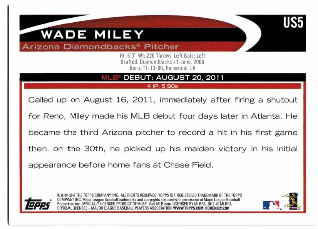 2012 Topps Update Gold Sparkle #US5 Wade Miley back image