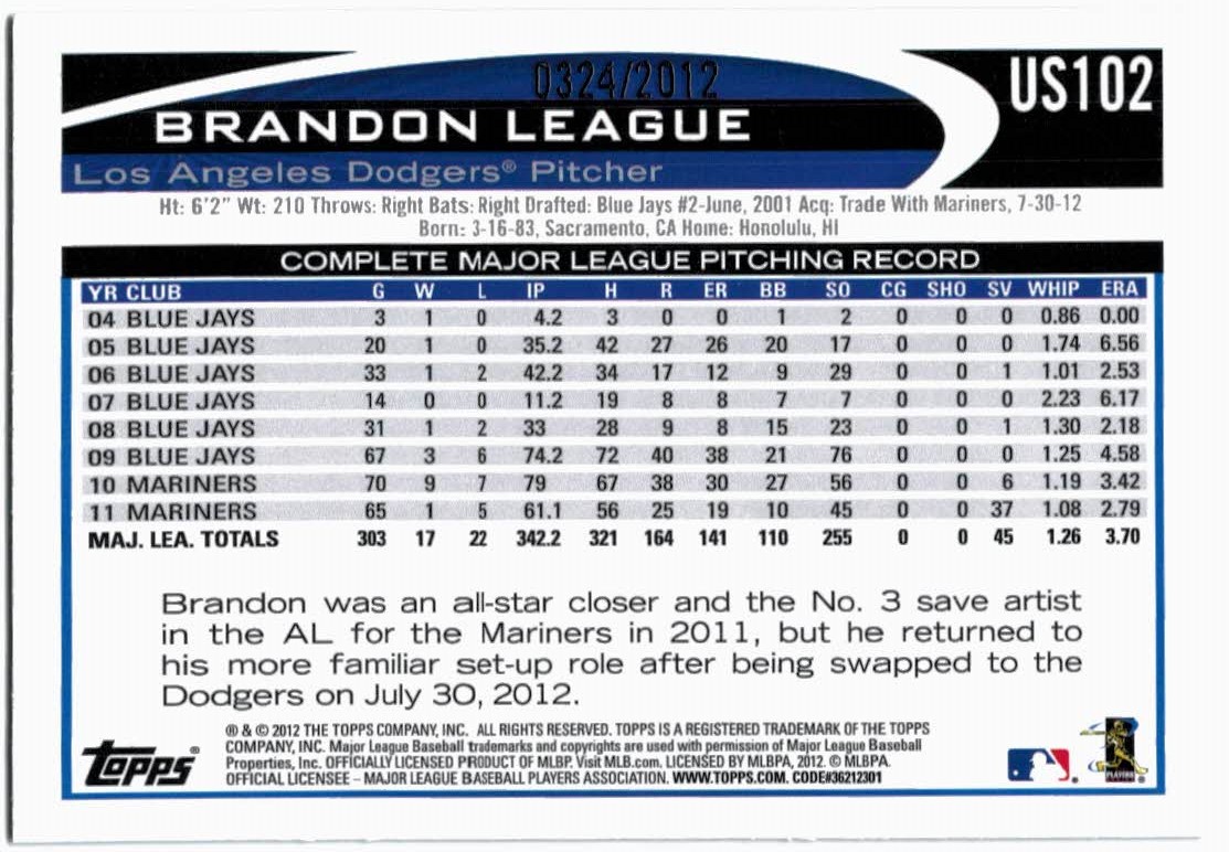 2012 Topps Update Gold #US102 Brandon League back image