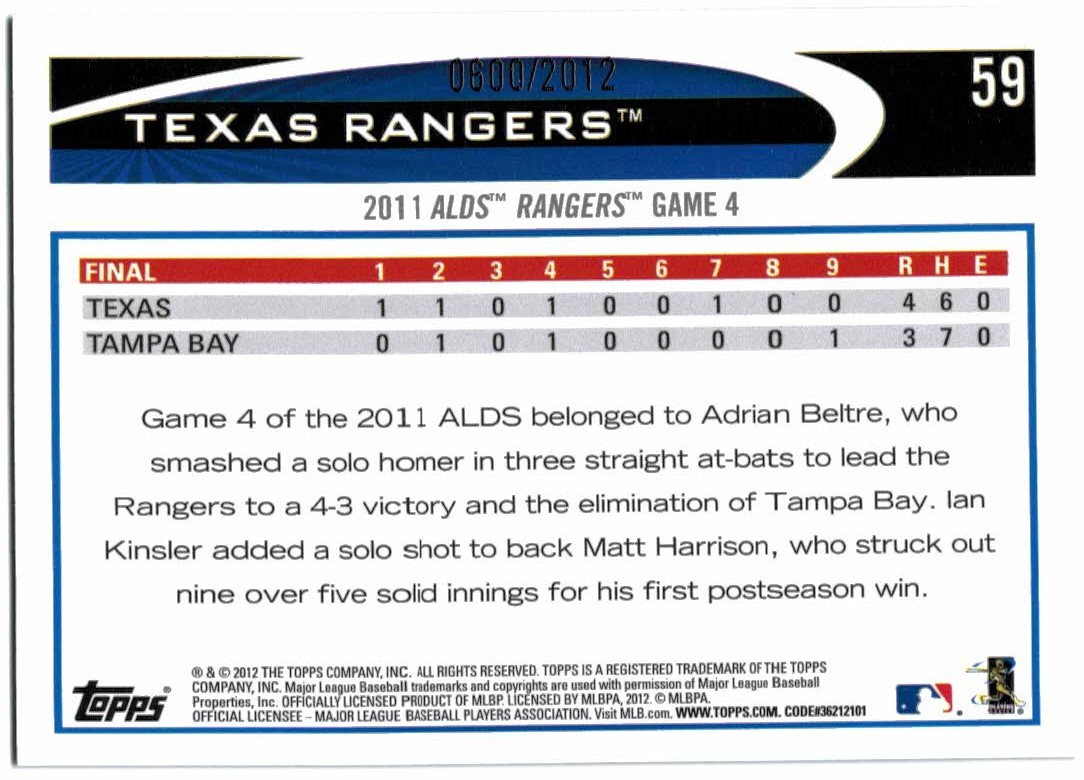 2012 Topps Gold #59 Texas Rangers PS HL back image