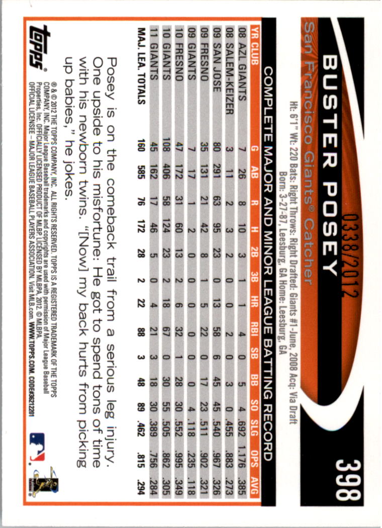 2012 Topps Gold #398 Buster Posey back image