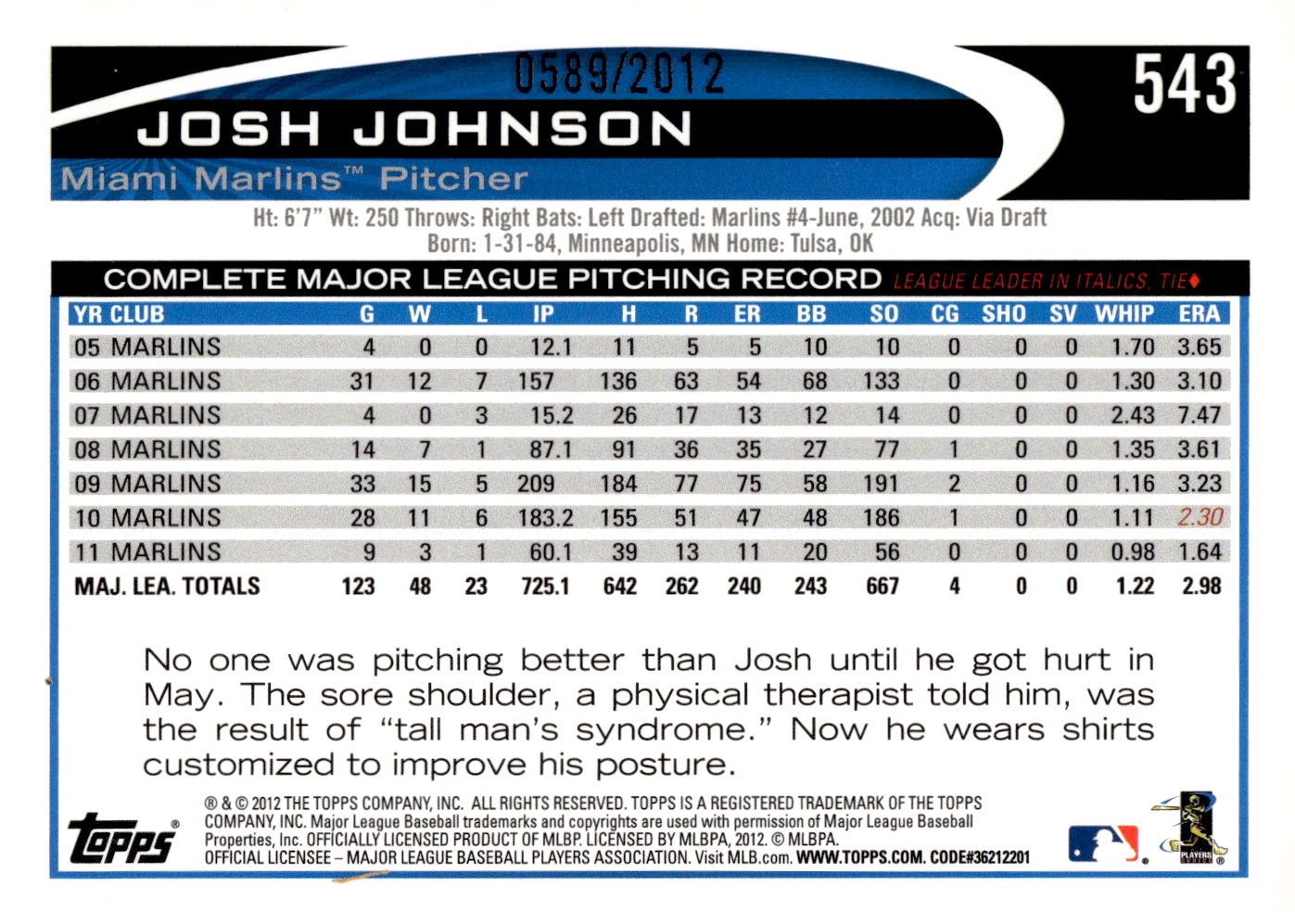 2012 Topps Gold #543 Josh Johnson back image