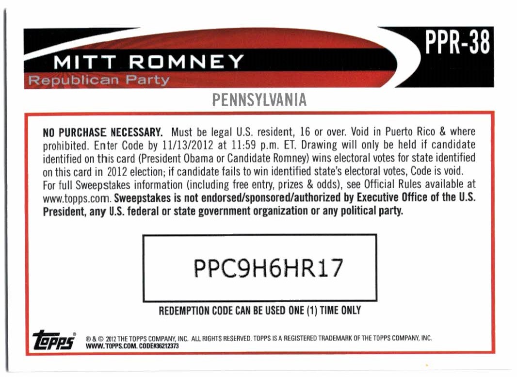 2012 Topps Update Romney Presidential Predictor #PPR38 Mitt Romney PA back image