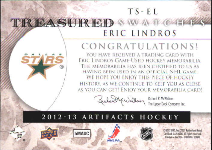 2012-13 Artifacts Treasured Swatches Jerseys Blue #TSEL Eric Lindros C back image