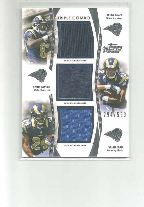 2012 Topps Prime Triple Combo Relics #TCRQGP Brian Quick/Chris Givens/Isaiah Pead