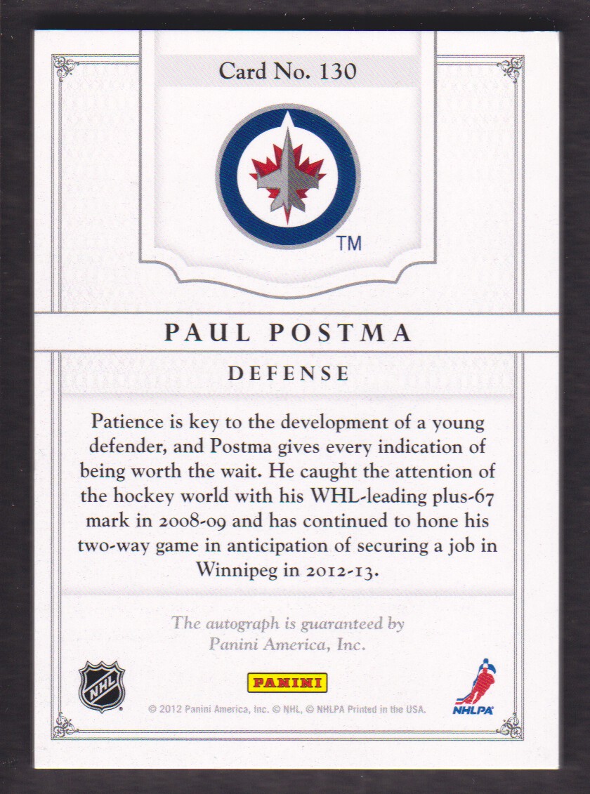 2011-12 Dominion #130 Paul Postma AU/199 RC back image