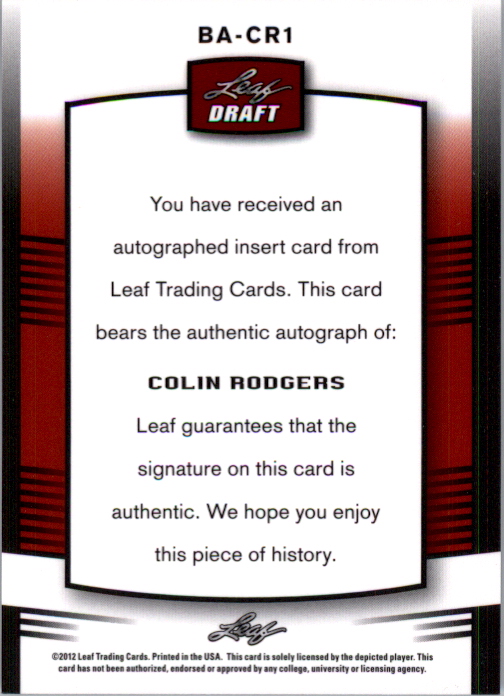 2012 Leaf Metal Draft #CR1 Colin Rodgers back image