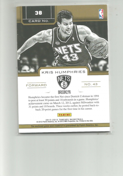 2012-13 Panini Threads Authentic Threads #38 Kris Humphries back image