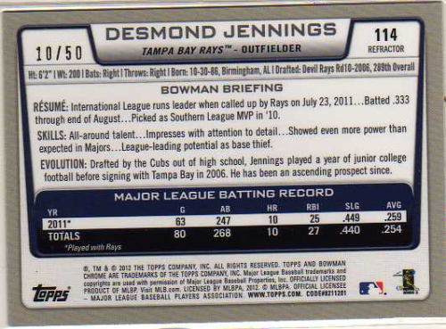 2012 Bowman Chrome Gold Refractors #114 Desmond Jennings back image